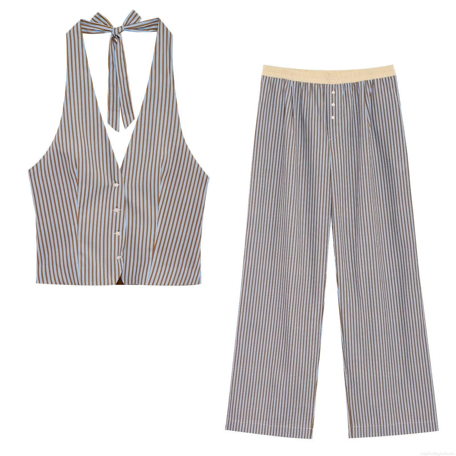 Women\'s Striped Halter Neck Top and Pants Set Cotton Blend Sleeveless Button Down Vest and Elastic Waist Trousers Casual Loungewear Suit Streetwear