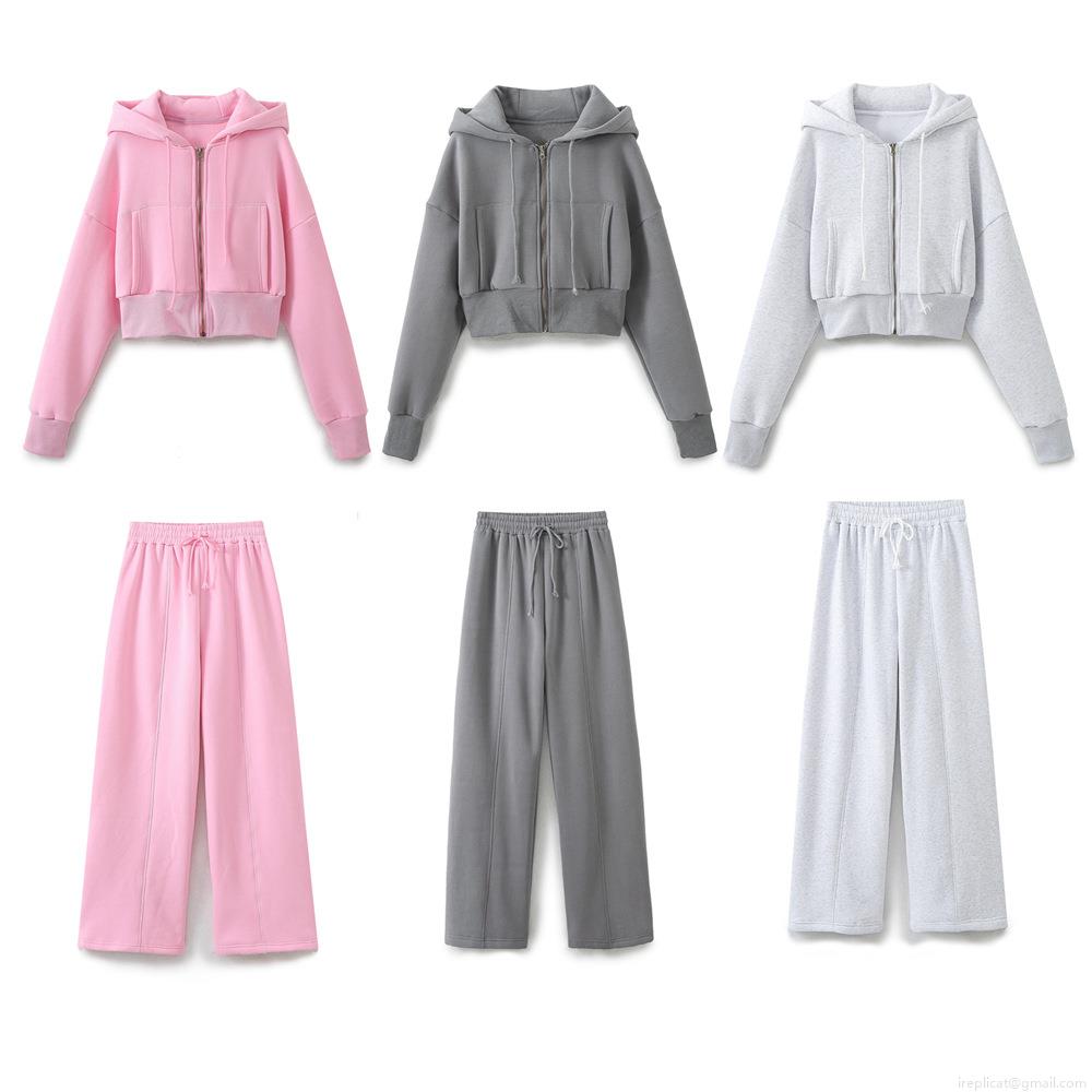 Women's Casual Cotton Blend Two Piece Set Hooded Zip Up Cropped Sweatshirt And Wide Leg Pants Set Solid Color Loungewear Tracksuit For Women
