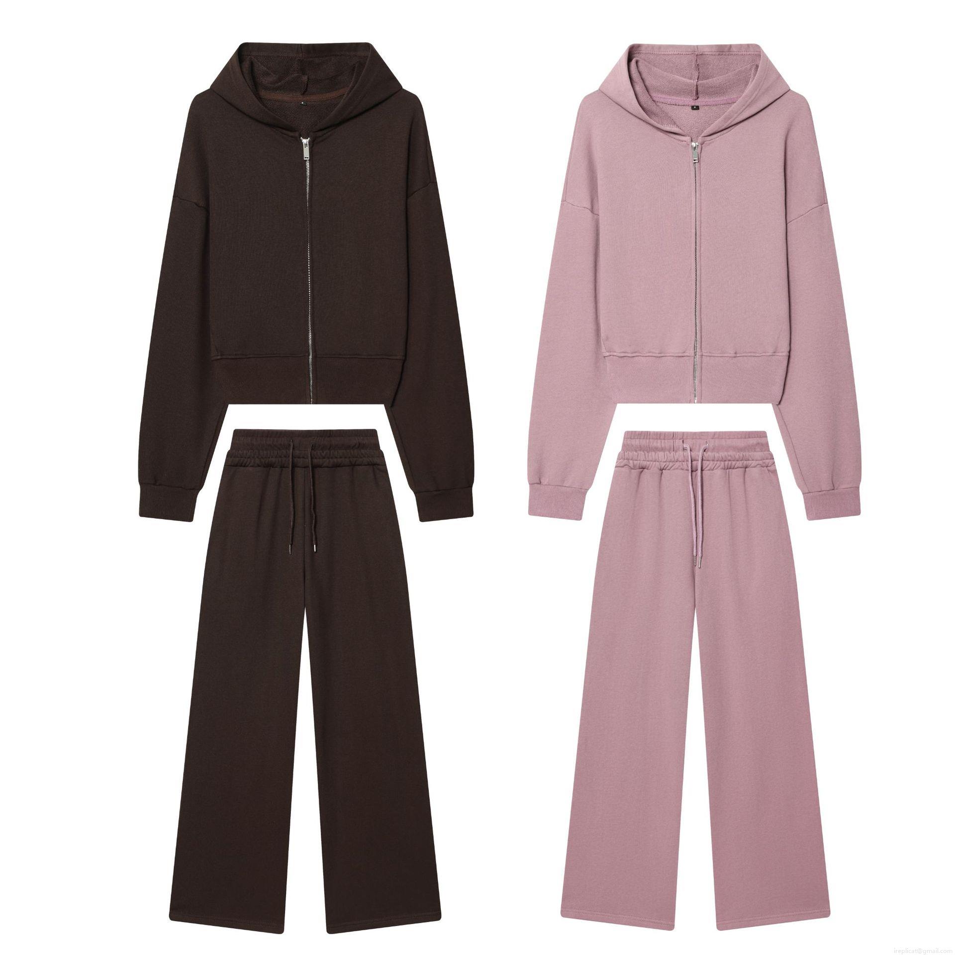 Women's Casual Cotton Blend Hooded Cropped Sweatshirt and Straight Leg Pants Set Fashion Solid Color Zip Up Hoodie Two Piece Loungewear For Women Streetwear