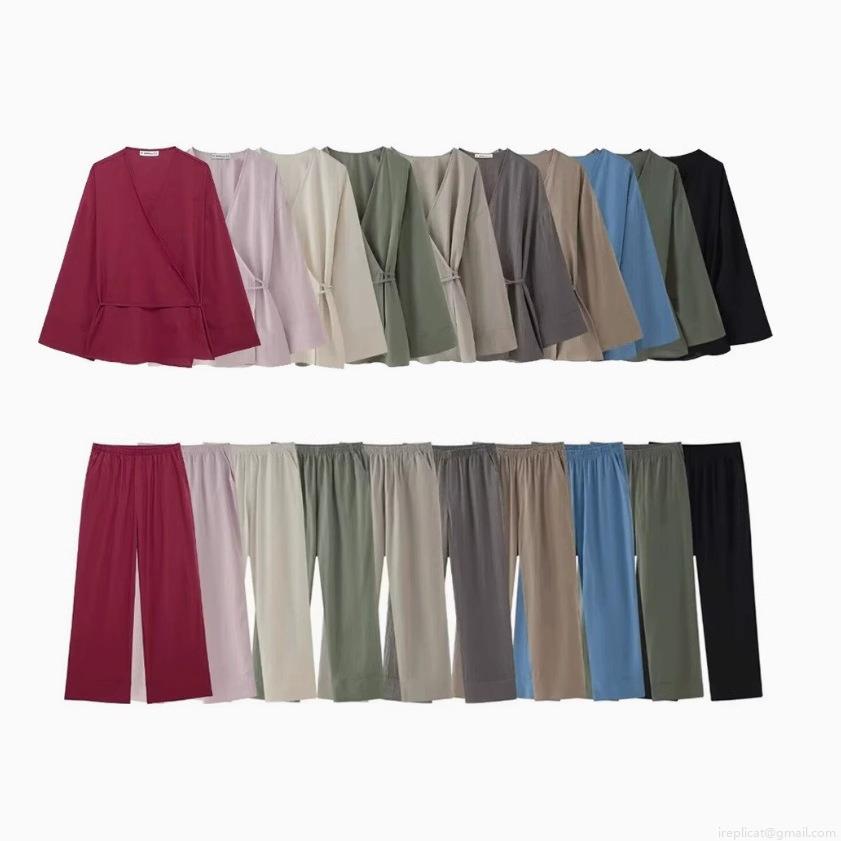 Women's 2 Piece Casual Loungewear Set Japanese Style Wrap Tie V Neck Long Sleeve Top and Wide Leg Pants Soft Solid Color Summer Vacation Outfit