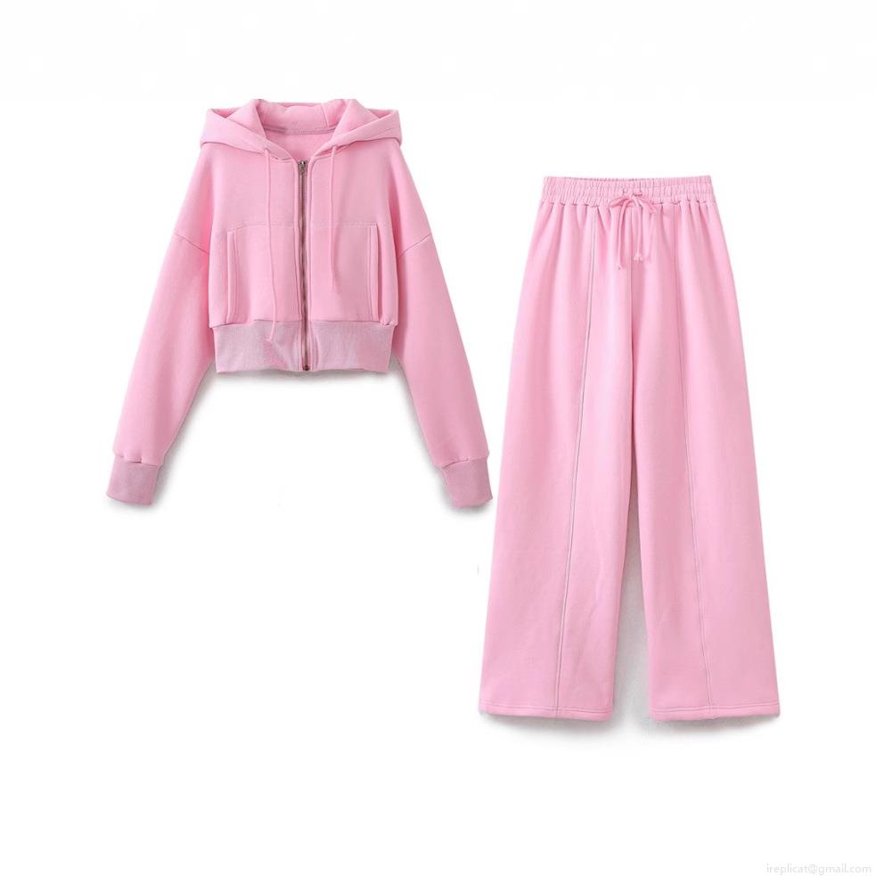 Women\'s Sporty Casual Short Hooded Zipper Sweatshirt And High Waist Wide Leg Pants Set Cotton Polyester Blend Lounge Tracksuit Activewear