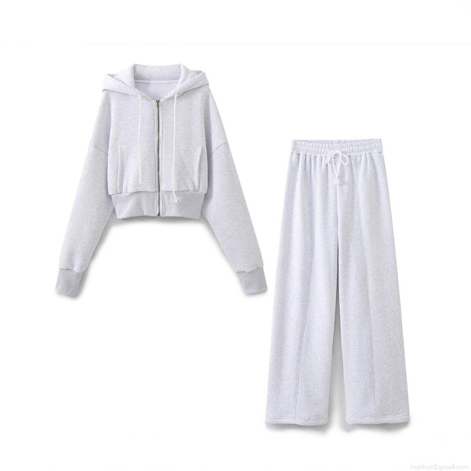Women\'s Sporty Casual Short Hooded Zipper Sweatshirt And High Waist Wide Leg Pants Set Cotton Polyester Blend Lounge Tracksuit Activewear