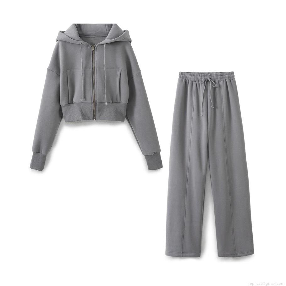 Women\'s Sporty Casual Short Hooded Zipper Sweatshirt And High Waist Wide Leg Pants Set Cotton Polyester Blend Lounge Tracksuit Activewear