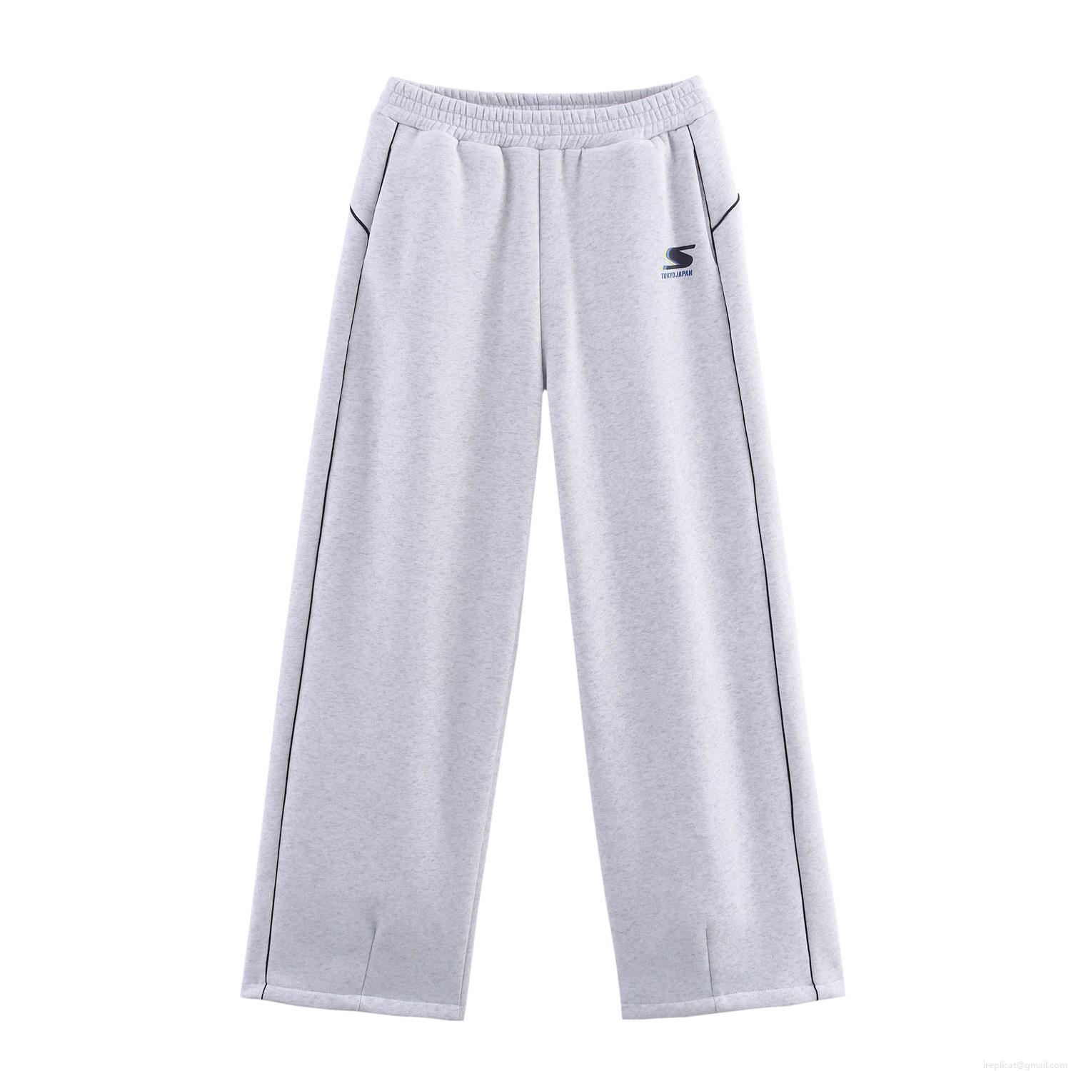 Women\'s Casual Knitted Two Piece Set Letter Print Round Neck Sweatshirt and Wide Leg Pants Streetwear Loungewear Outfit Heather Grey
