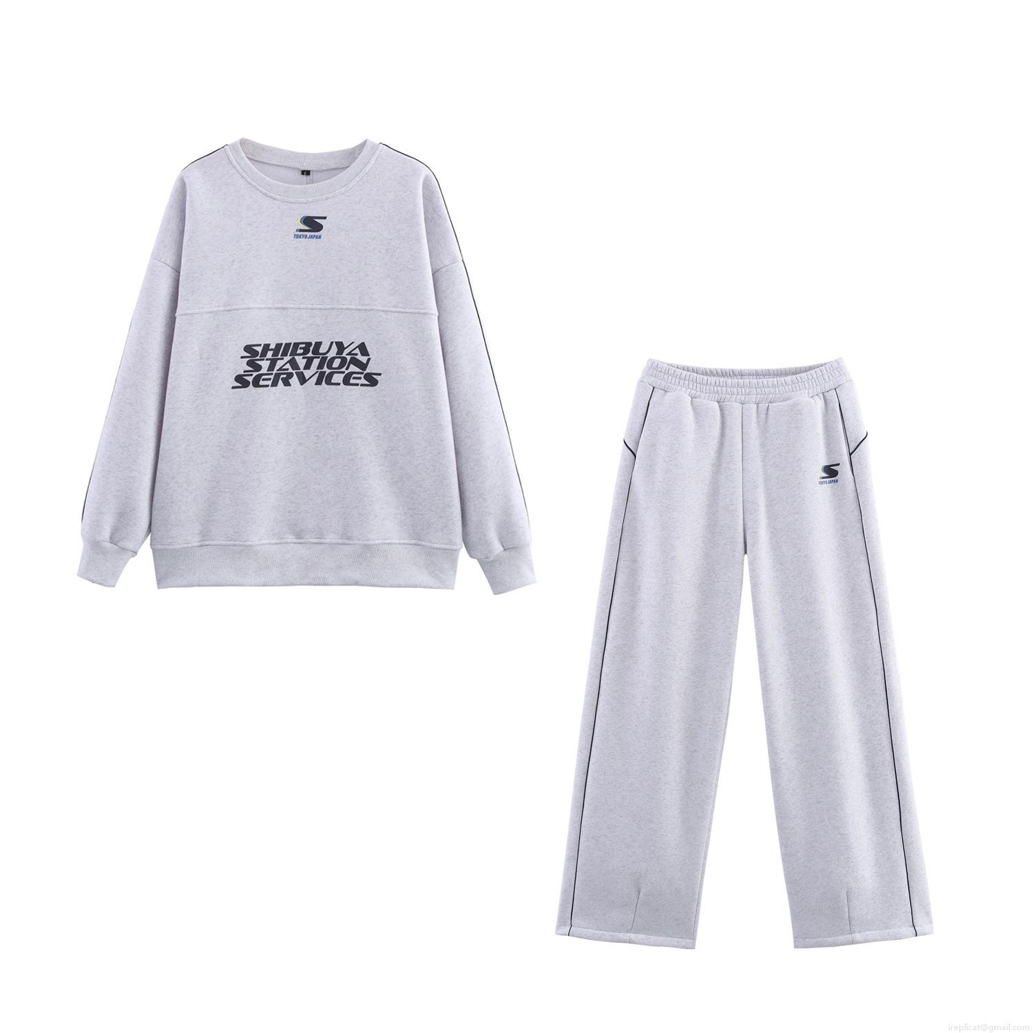 Women\'s Casual Knitted Two Piece Set Letter Print Round Neck Sweatshirt and Wide Leg Pants Streetwear Loungewear Outfit Heather Grey