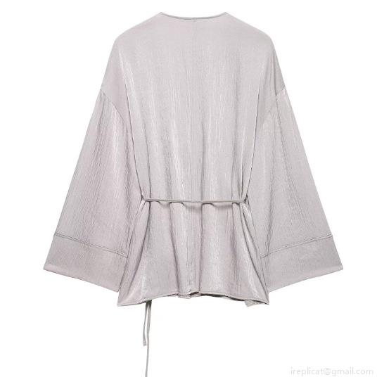 Women\'s Silver Grey Satin Pleated Two Piece Set Long Sleeve Kimono Wrap Top And Wide Leg Pants Casual Loungewear Pajama Outfit For Streetwear