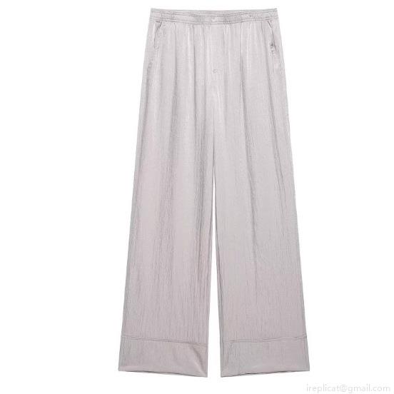 Women\'s Silver Grey Satin Pleated Two Piece Set Long Sleeve Kimono Wrap Top And Wide Leg Pants Casual Loungewear Pajama Outfit For Streetwear