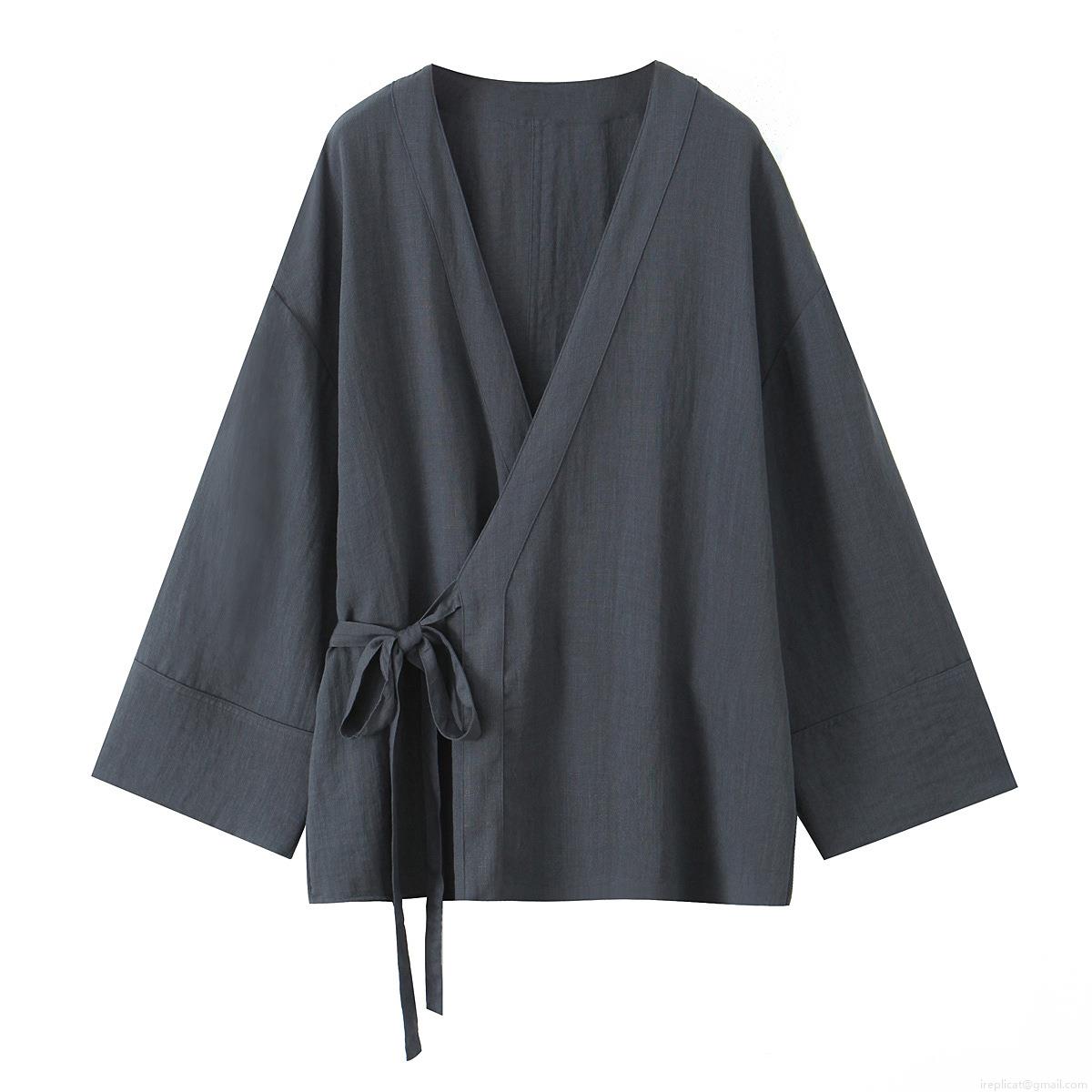 Women\'s Casual Two Piece Loungewear Set Japanese Kimono Style Lace Up Wrap Top And Wide Leg Pants Solid Color Cotton Linen Feel Outfit Streetwear
