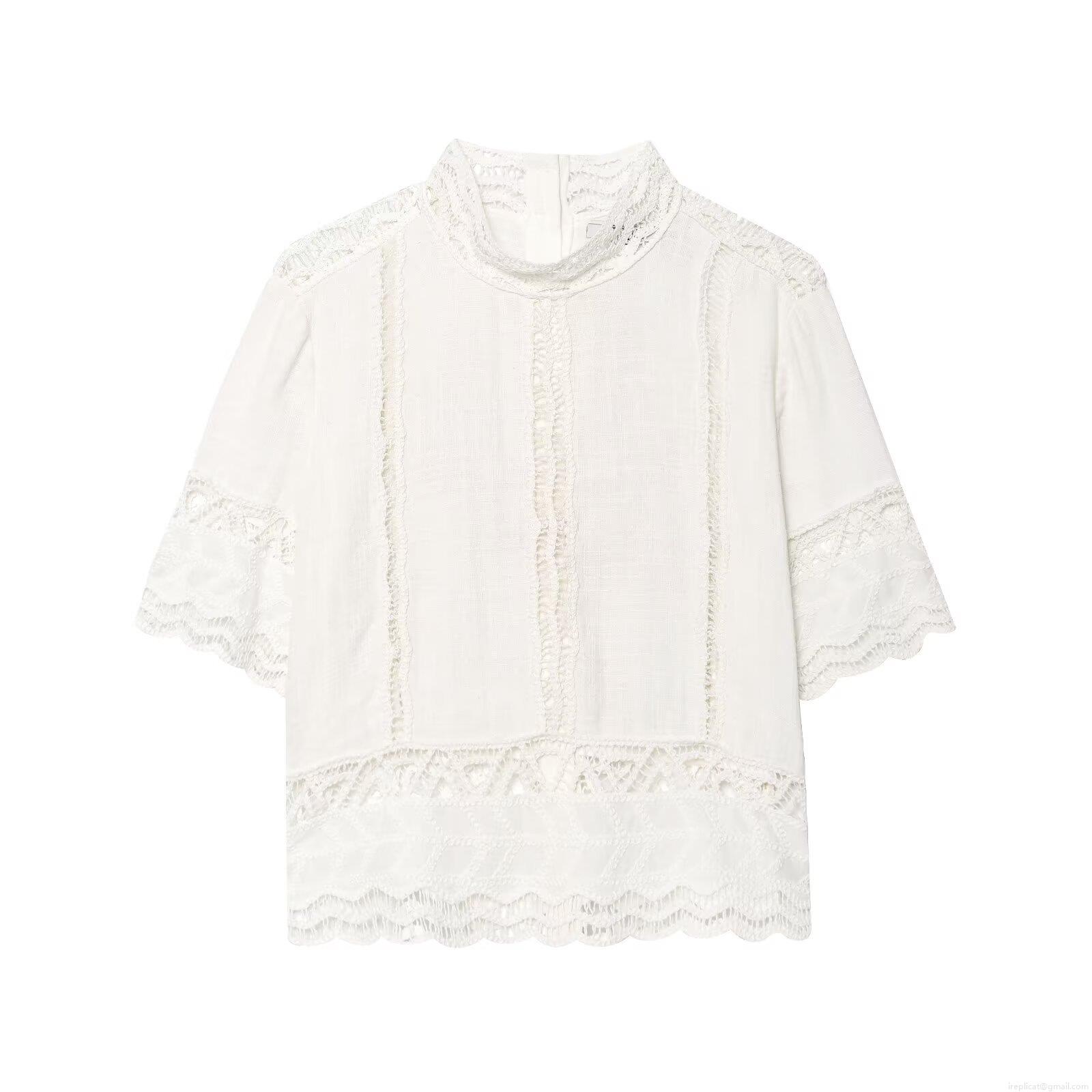 Women\'s Two Piece Set Crochet Hollow Out Short Sleeve Stand Collar Top And A-Line Midi Skirt Cotton Blend Casual Streetwear White Outfit