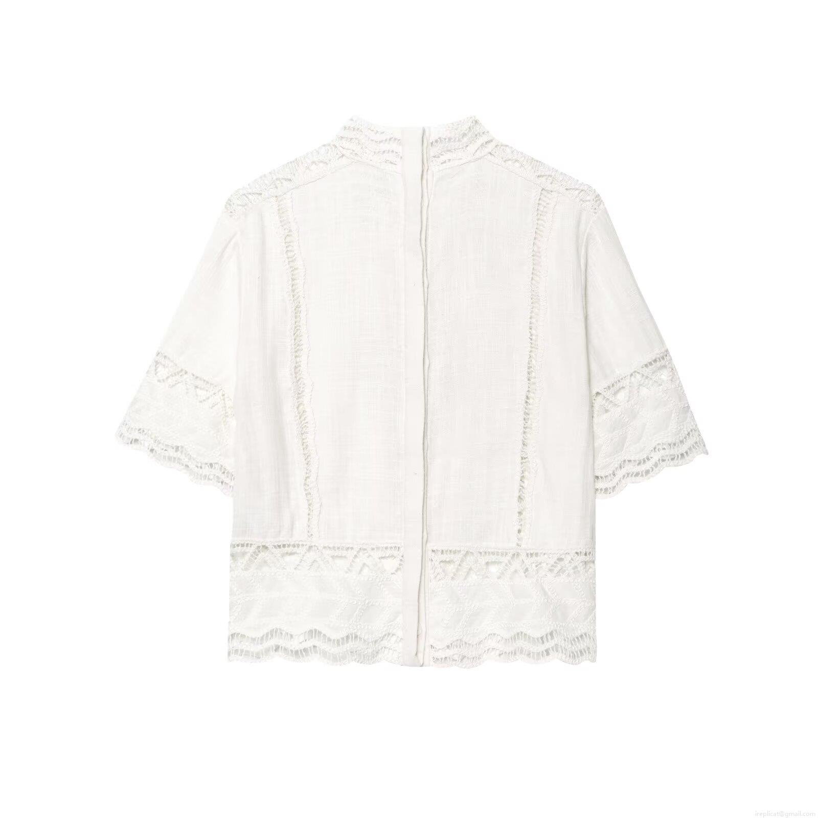 Women\'s Two Piece Set Crochet Hollow Out Short Sleeve Stand Collar Top And A-Line Midi Skirt Cotton Blend Casual Streetwear White Outfit
