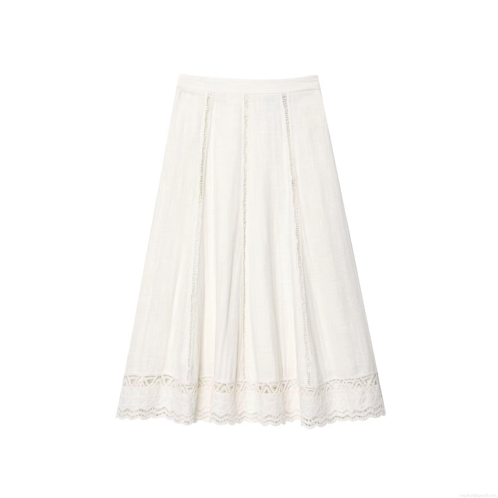 Women\'s Two Piece Set Crochet Hollow Out Short Sleeve Stand Collar Top And A-Line Midi Skirt Cotton Blend Casual Streetwear White Outfit