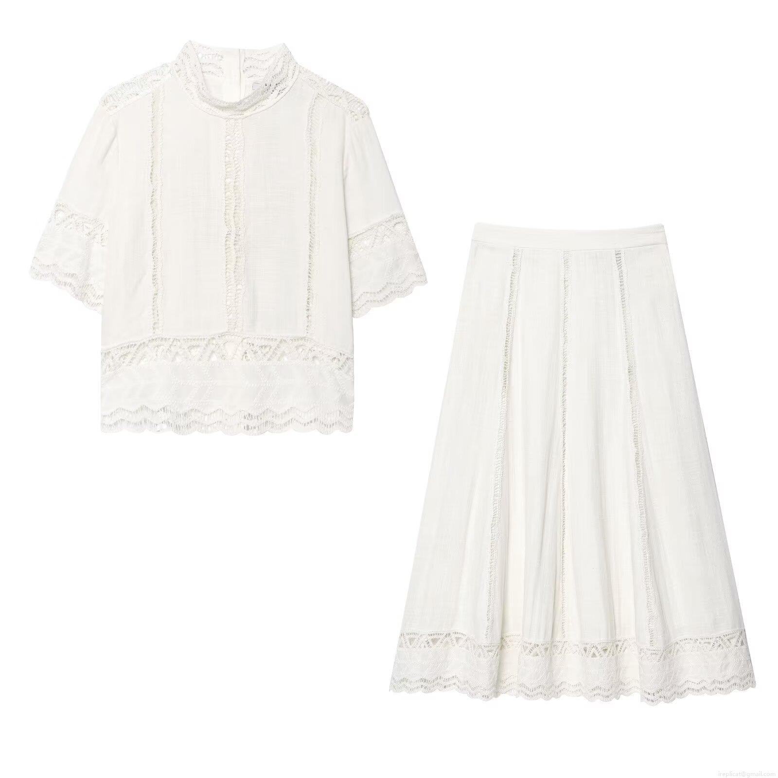 Women\'s Two Piece Set Crochet Hollow Out Short Sleeve Stand Collar Top And A-Line Midi Skirt Cotton Blend Casual Streetwear White Outfit