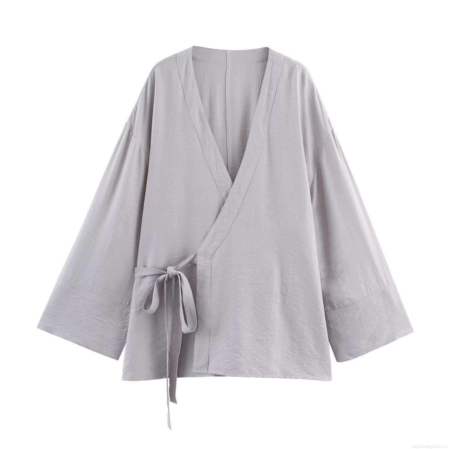 Women\'s Casual Loungewear Set Kimono Style Wrap Top And Wide Leg Pants Solid Color Cotton Blend Two Piece Outfits For Women Home Streetwear