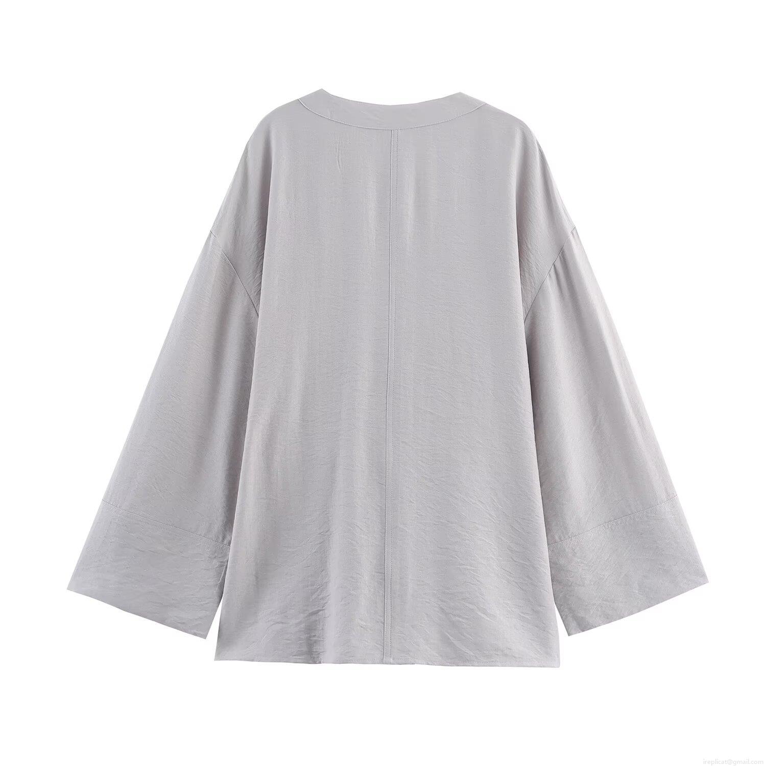 Women\'s Casual Loungewear Set Kimono Style Wrap Top And Wide Leg Pants Solid Color Cotton Blend Two Piece Outfits For Women Home Streetwear