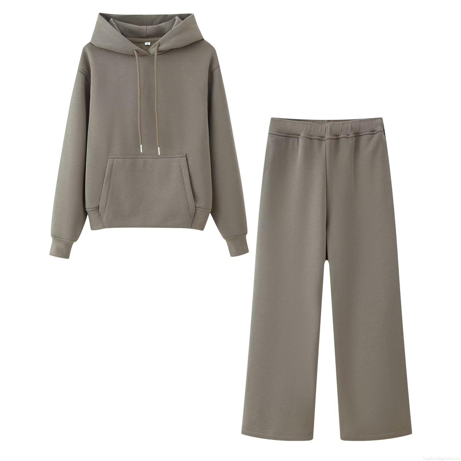 Women's Casual Two Piece Knitted Tracksuit Set Solid Color Hooded Drawstring Long Sleeve Sweatshirt And Wide Leg Pants Loungewear Outfit Soft Warm Sporty Suit