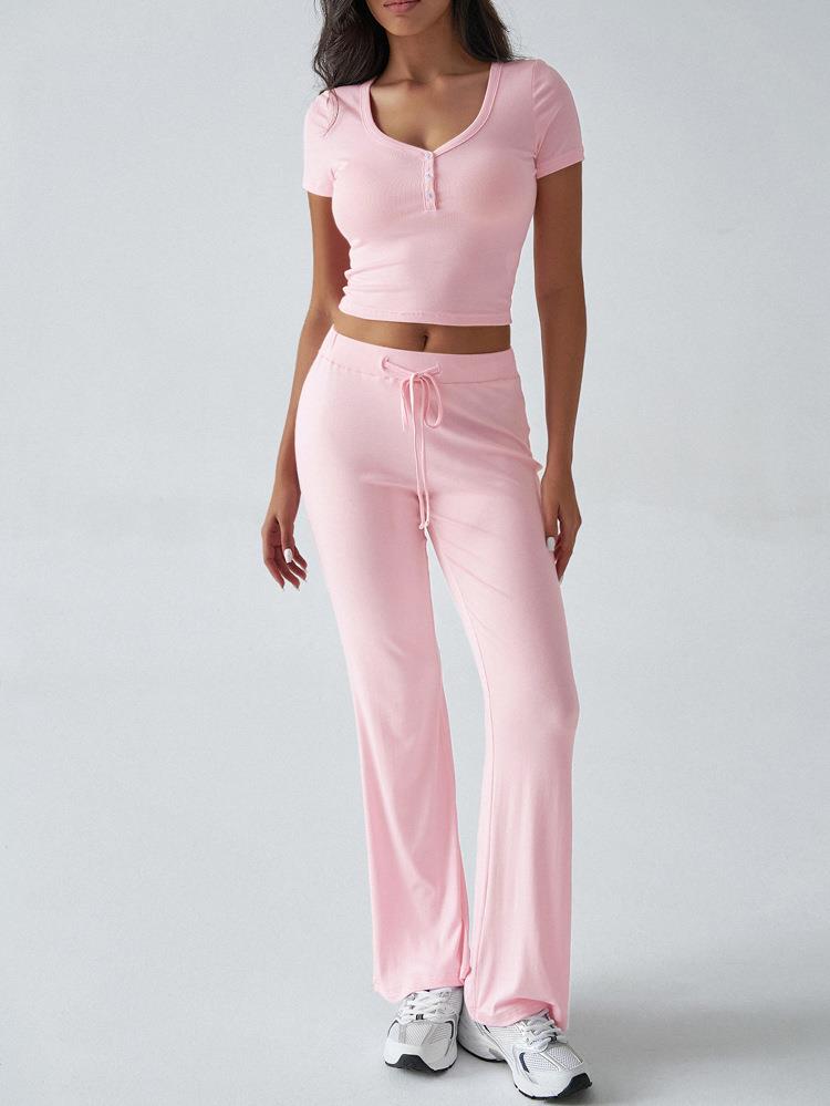 Women's 2 Piece Lounge Set Ribbed Knit V Neck Button Short Sleeve Crop Top High Waist Drawstring Flared Pants Casual Homewear Solid Color Slim Fit Outfit