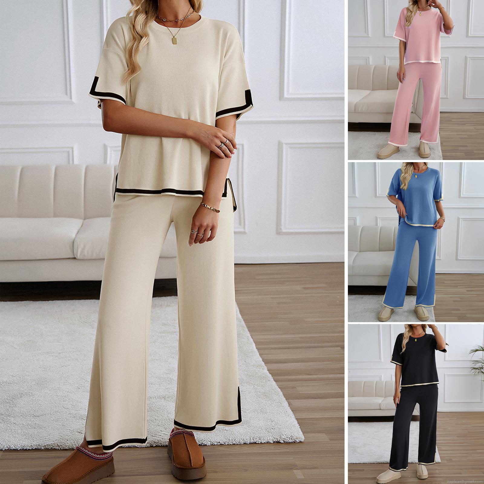 Women Elegant Knit Two-Piece Set Casual Short Sleeve Top And Wide Leg Pants With Contrast Piping Trim Loungewear Suit For Commuting Daily Wear Women Elegant Knit Two-Piece Set Casual Short Sleeve Top And Wide Leg Pants With Contrast Piping Trim Loungewear Suit For Commuting Daily Wear