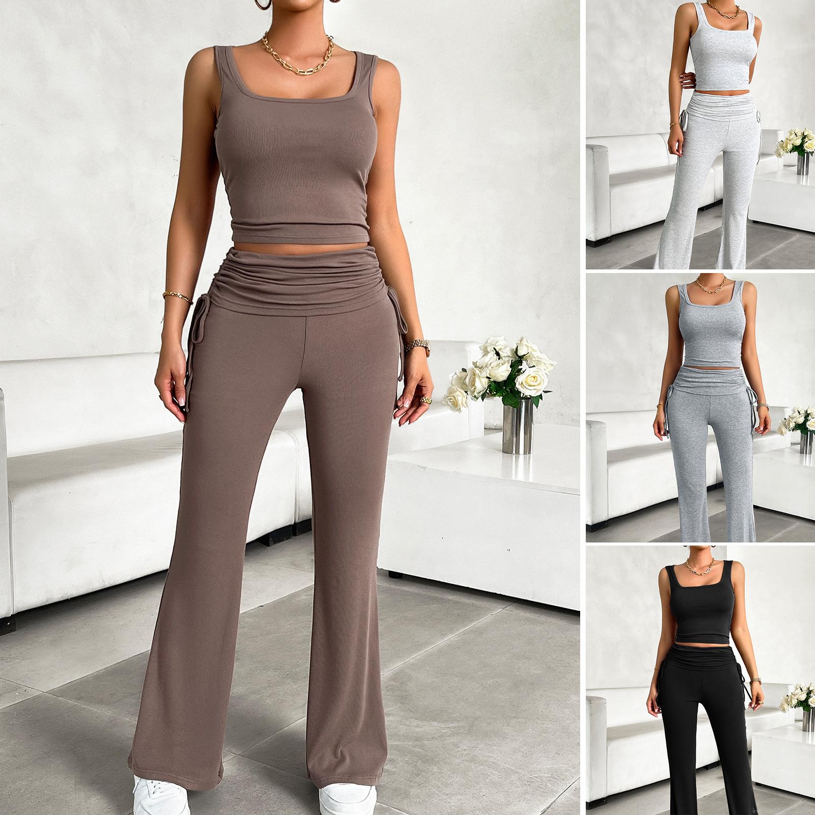 Women's 2 Piece Ribbed Knit Outfits Sleeveless Square Neck Tank Top And High Waist Drawstring Flare Pants Set Casual Summer Streetwear Tracksuit Women's 2 Piece Ribbed Knit Outfits Sleeveless Square Neck Tank Top And High Waist Drawstring Flare Pants Set Casual Summer Streetwear Tracksuit