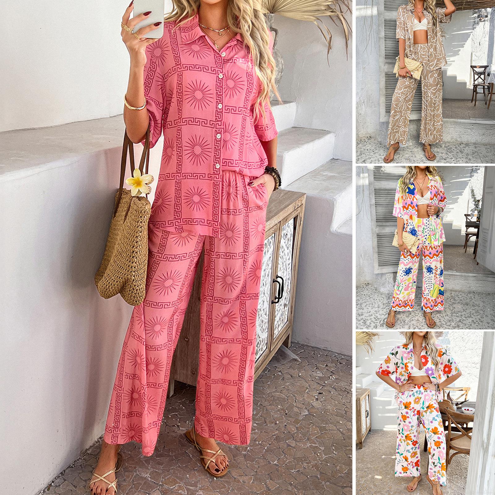 Women's Two-Piece Set Pants Suit Rayon Tencel Blend Short Sleeve Shirt And Wide Leg Long Pants Printed Vacation Beach Casual Summer Bohemian Style Clothing Women's Two-Piece Set Pants Suit Rayon Tencel Blend Short Sleeve Shirt And Wide Leg Long Pants Printed Vacation Beach Casual Summer Bohemian Style Clothing