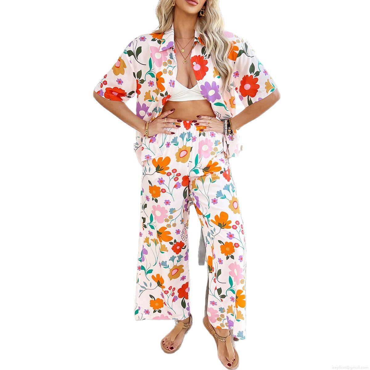 Women\'s Two-Piece Set Pants Suit Rayon Tencel Blend Short Sleeve Shirt And Wide Leg Long Pants Printed Vacation Beach Casual Summer Bohemian Style Clothing