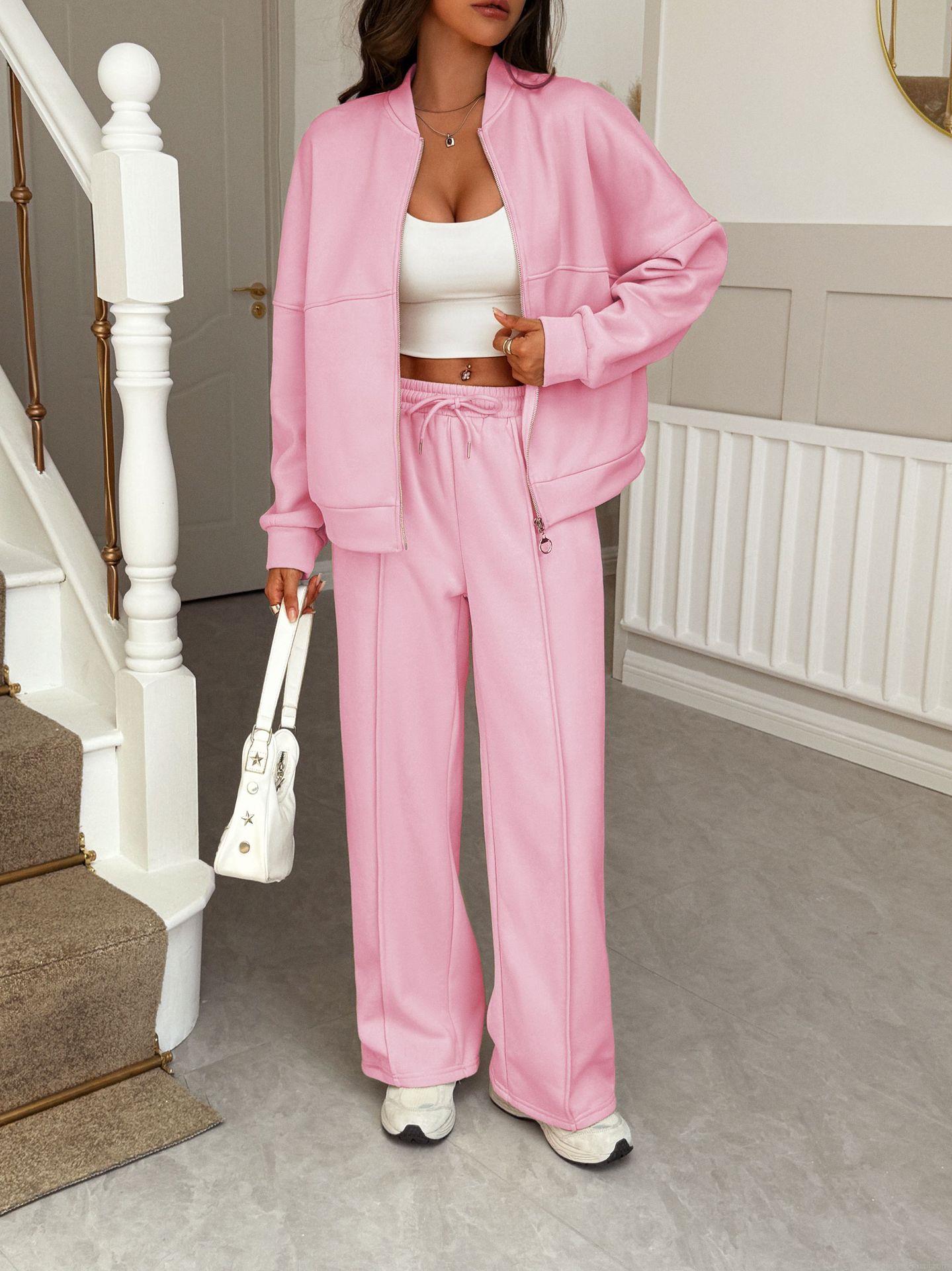 Women's Casual 2 Piece Tracksuit Set Solid Color Polyester Zipper Jacket And Wide Leg Pants Outfits For Autumn Winter Loungewear Ladies Vacation Sweatsuits Women's Casual 2 Piece Tracksuit Set Solid Color Polyester Zipper Jacket And Wide Leg Pants Outfits For Autumn Winter Loungewear Ladies Vacation Sweatsuits