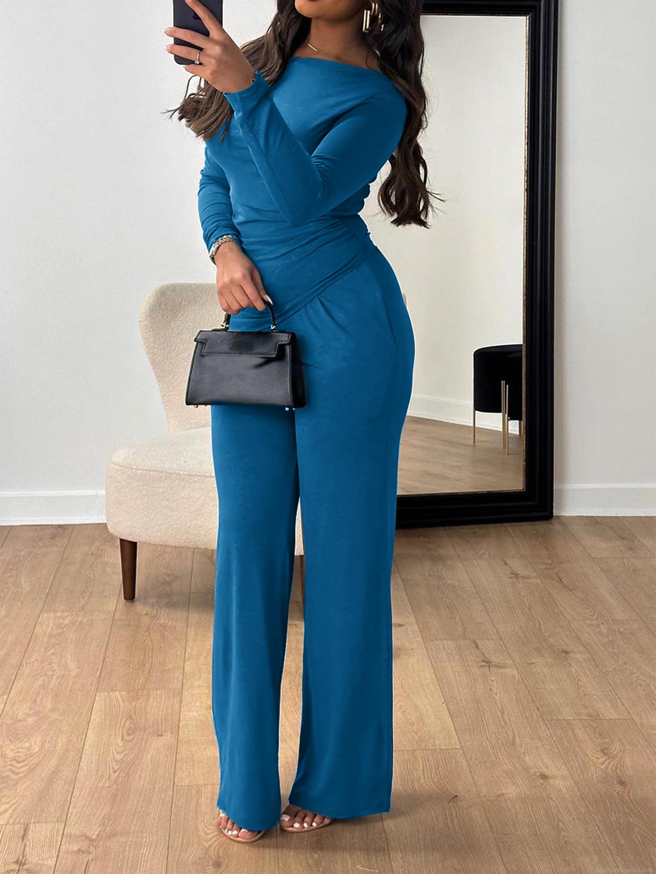 Women's Elegant One Shoulder Long Sleeve Top And Wide Leg Pants Two Piece Set Casual Ruched Solid Color Outfits For Daily Wear Party Fashion Women's Elegant One Shoulder Long Sleeve Top And Wide Leg Pants Two Piece Set Casual Ruched Solid Color Outfits For Daily Wear Party Fashion
