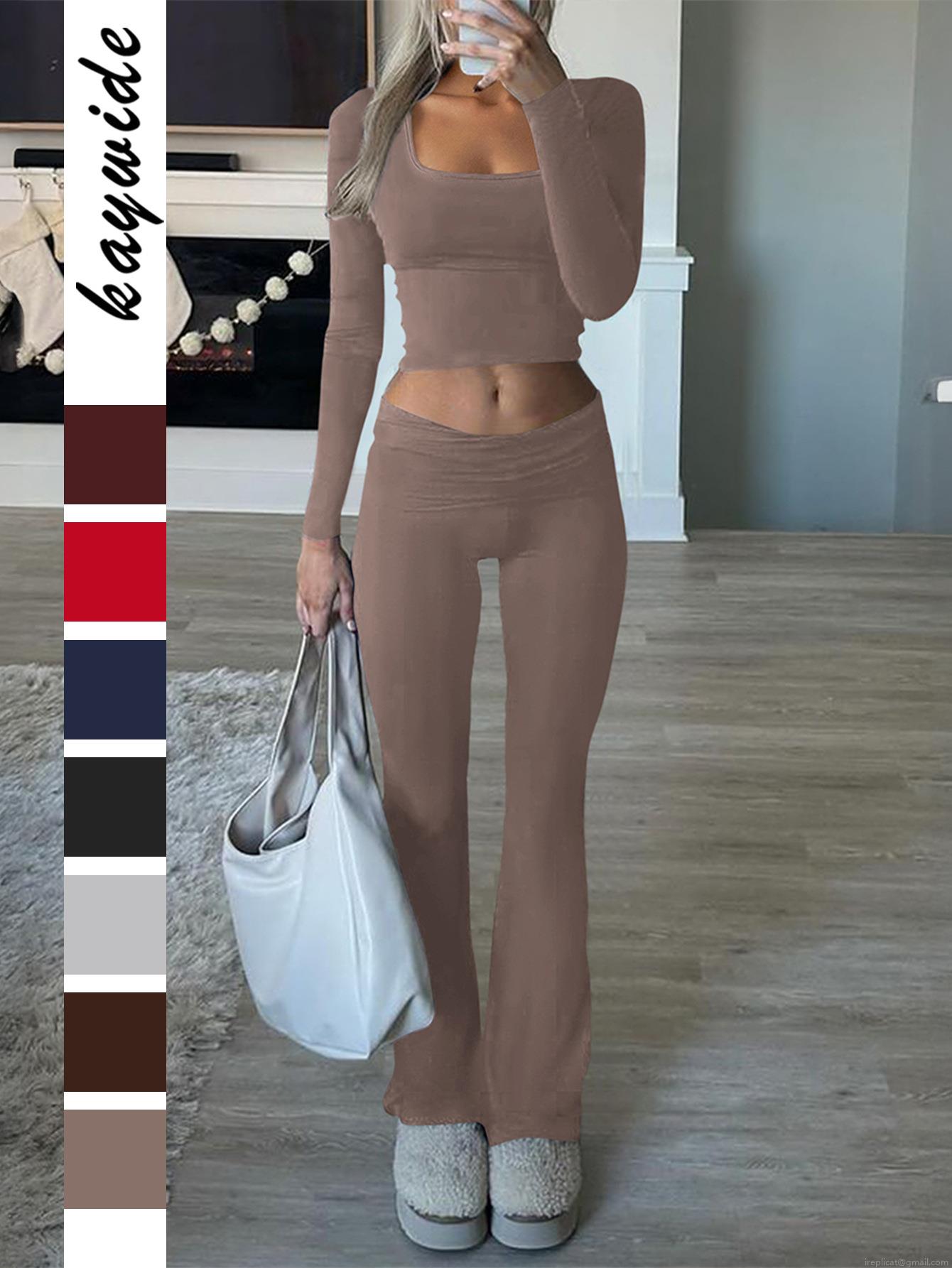 Women's 2 Piece Ribbed Knit Outfits Sets Viscose Elastane Square Neck Long Sleeve Crop Top And High Waist Flare Pants Casual Athletic Tracksuit Lounge Set Women's 2 Piece Ribbed Knit Outfits Sets Viscose Elastane Square Neck Long Sleeve Crop Top And High Waist Flare Pants Casual Athletic Tracksuit Lounge Set