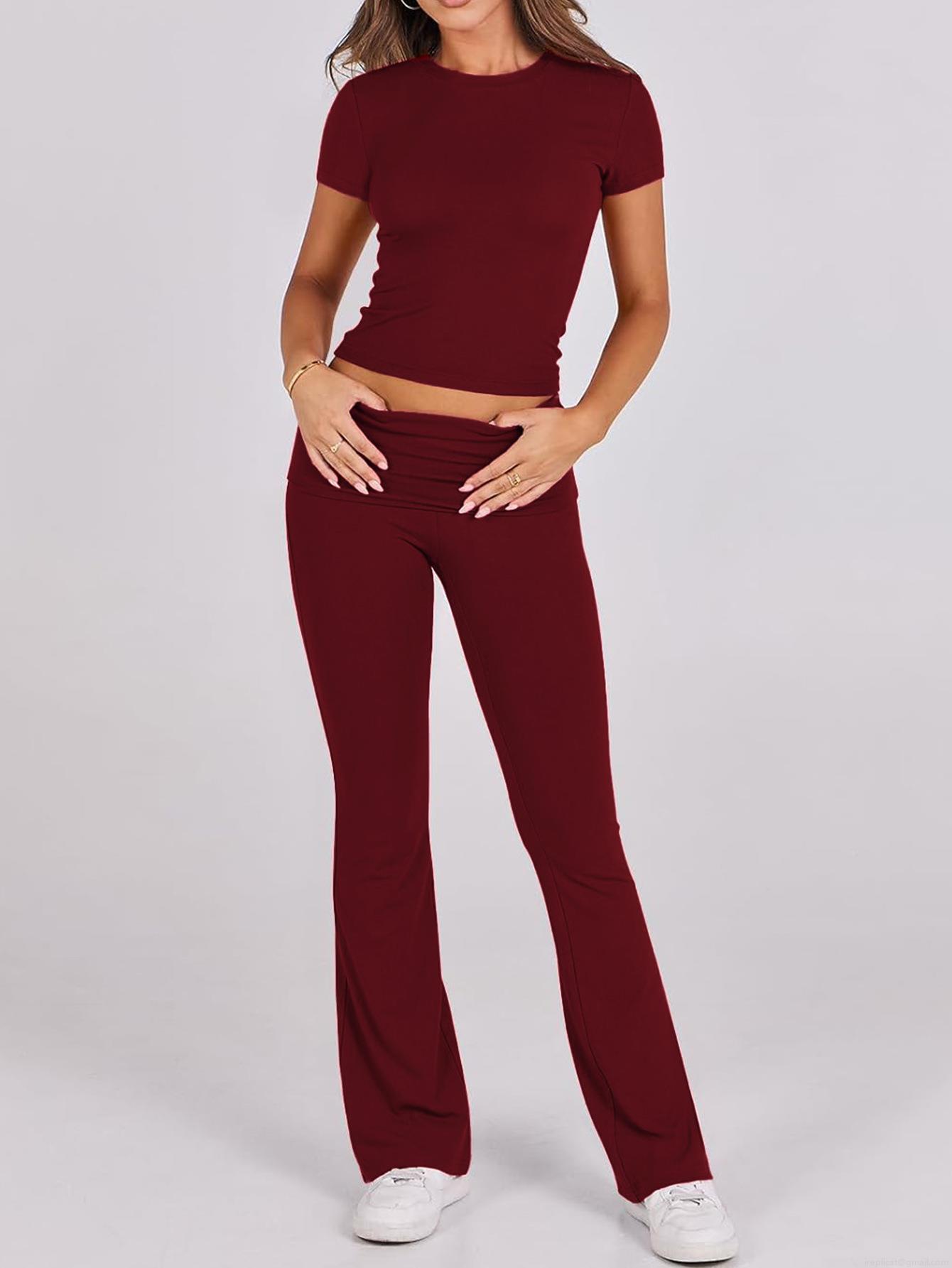 Women's Casual Two-Piece Set Short Sleeve Crop Top and High Waist Flared Pants Ribbed Knit Polyester Spandex Sporty Tracksuit Outfits Women's Casual Two-Piece Set Short Sleeve Crop Top and High Waist Flared Pants Ribbed Knit Polyester Spandex Sporty Tracksuit Outfits