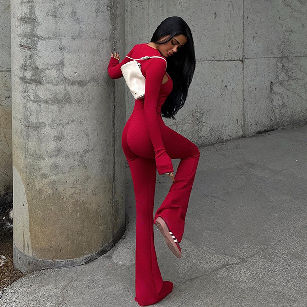 Women\'s Sexy Backless Cut Out Two Piece Jumpsuit Set Ribbed Knit Long Sleeve Shrug And Flare Leg Romper Set Streetwear Sporty Outfits