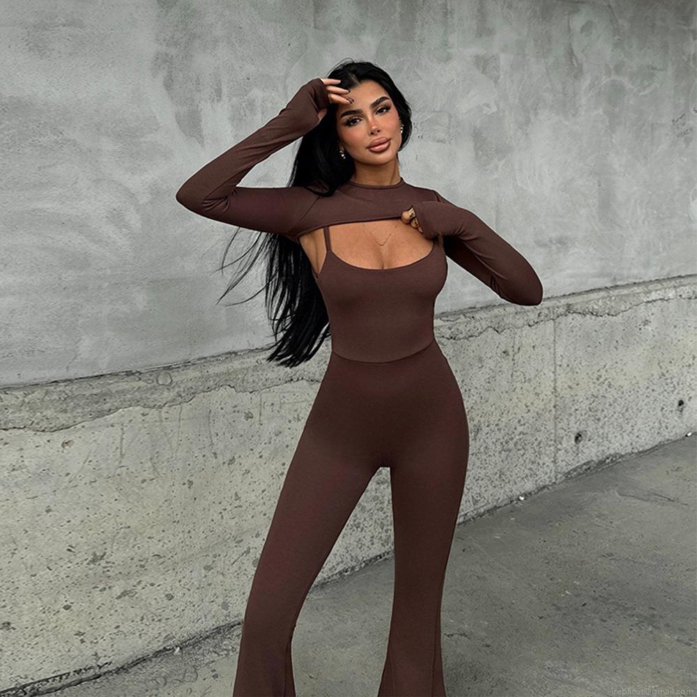 Women\'s Sexy Backless Cut Out Two Piece Jumpsuit Set Ribbed Knit Long Sleeve Shrug And Flare Leg Romper Set Streetwear Sporty Outfits