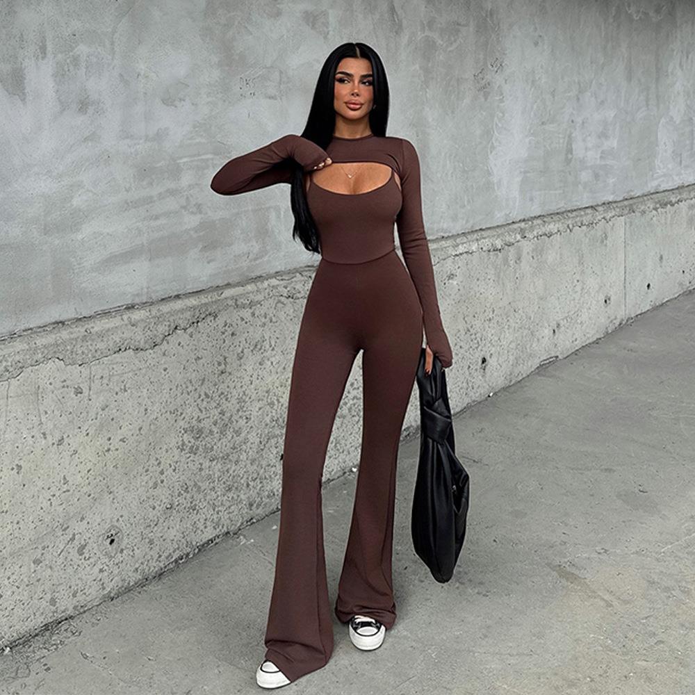 Women\'s Sexy Backless Cut Out Two Piece Jumpsuit Set Ribbed Knit Long Sleeve Shrug And Flare Leg Romper Set Streetwear Sporty Outfits