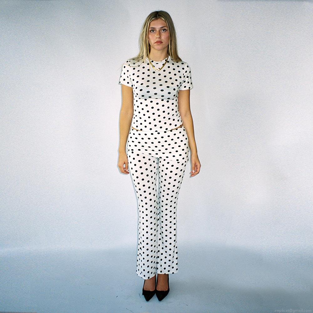 Women's Sexy Polka Dot Two-Piece Set Short Sleeve Round Neck Top And High Waist Micro Flare Pants Casual Streetwear Outfit For Women Women's Sexy Polka Dot Two-Piece Set Short Sleeve Round Neck Top And High Waist Micro Flare Pants Casual Streetwear Outfit For Women