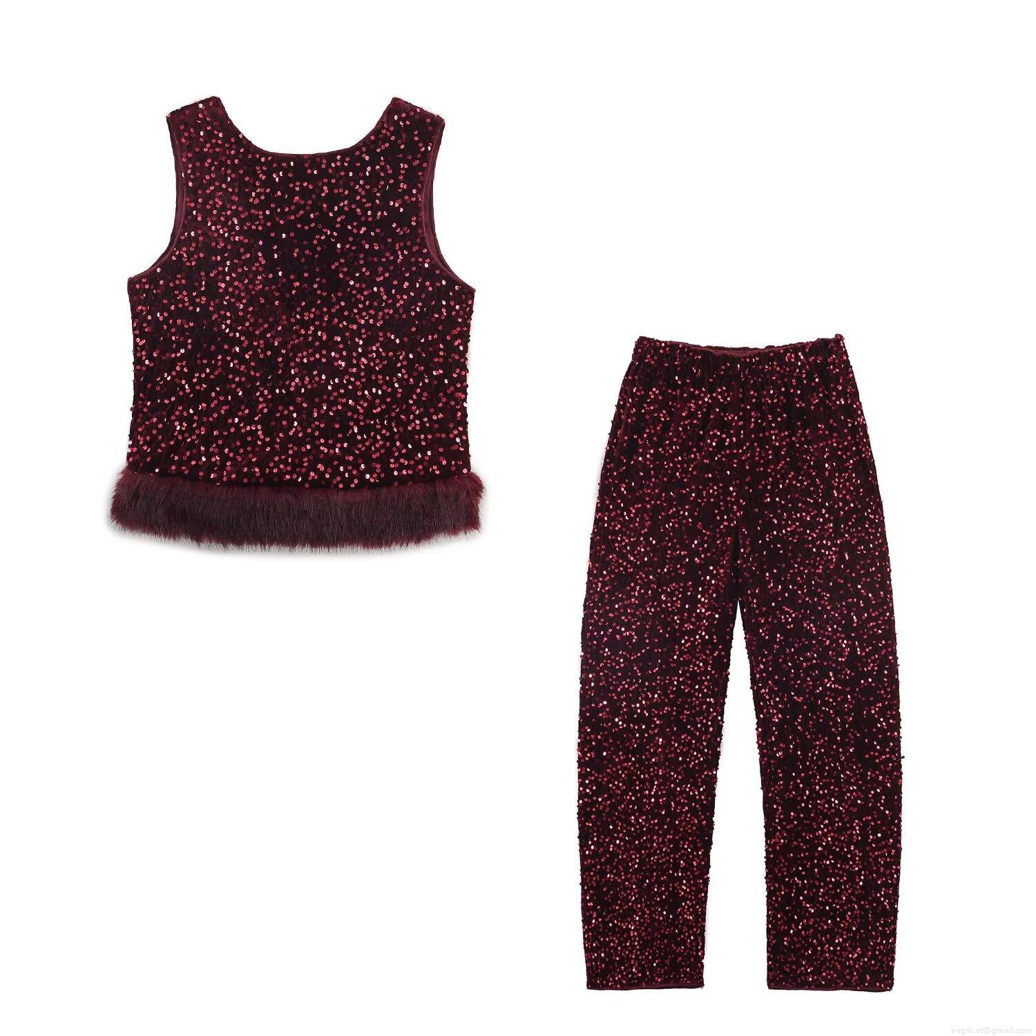Women's Luxury Wine Red Sequin Sleeveless Top And Straight Pants Set Elegant Faux Fur Hem Two Piece Outfits For Party Evening Celebration Women's Luxury Wine Red Sequin Sleeveless Top And Straight Pants Set Elegant Faux Fur Hem Two Piece Outfits For Party Evening Celebration