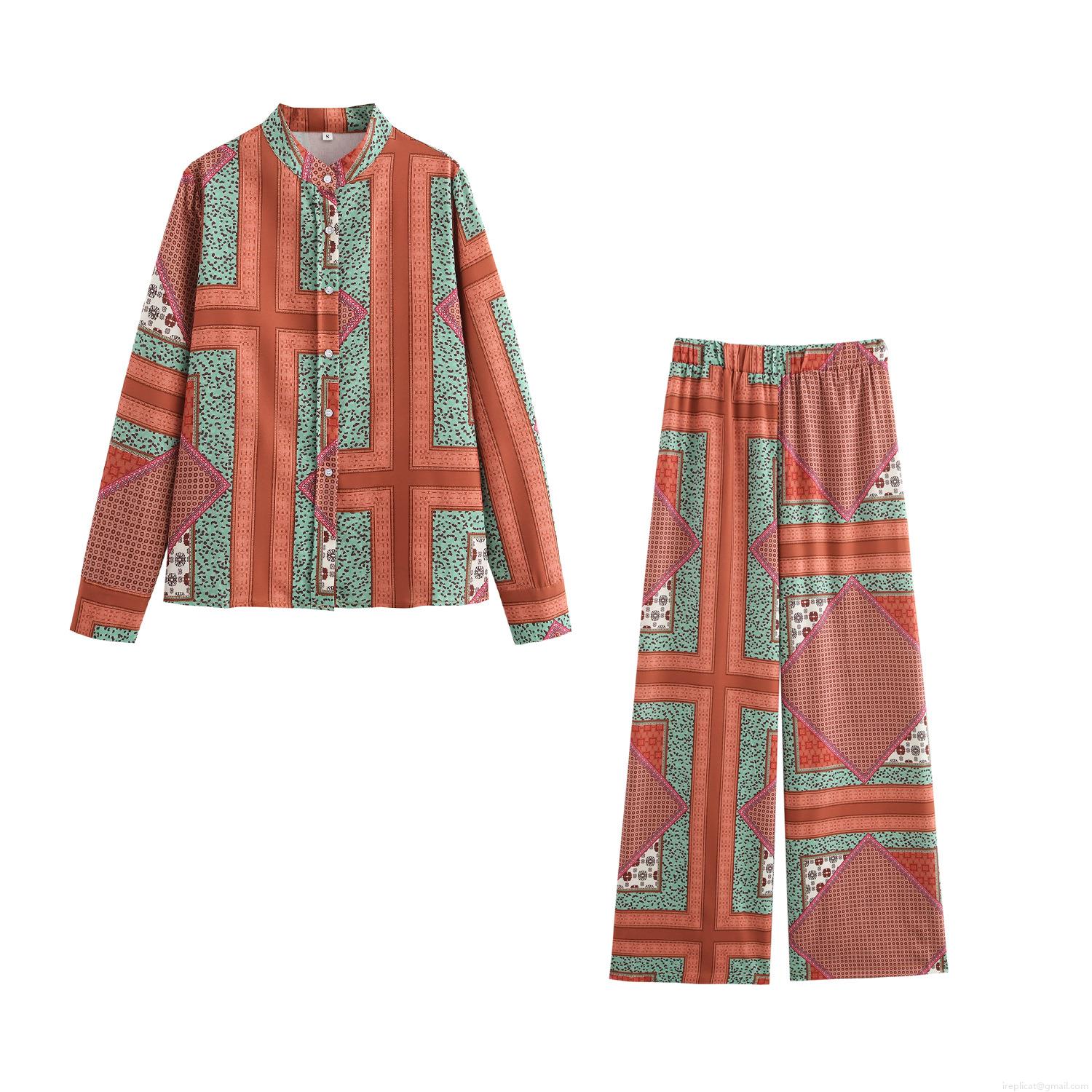 Women's 2 Piece Outfit Ethnic Print Shirt And Wide Leg Pants Set Long Sleeve Button Down Blouse High Waist Trousers Bohemian Retro Casual Streetwear Set Women's 2 Piece Outfit Ethnic Print Shirt And Wide Leg Pants Set Long Sleeve Button Down Blouse High Waist Trousers Bohemian Retro Casual Streetwear Set