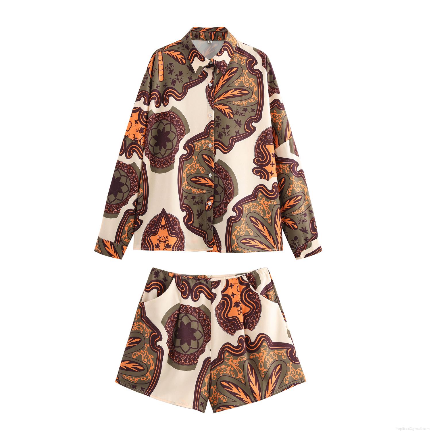 Women's 2 Piece Casual Set Bohemian Paisley Floral Print Long Sleeve Button Down Shirt and High Waist Shorts Loose Beach Vacation Outfits Women's 2 Piece Casual Set Bohemian Paisley Floral Print Long Sleeve Button Down Shirt and High Waist Shorts Loose Beach Vacation Outfits