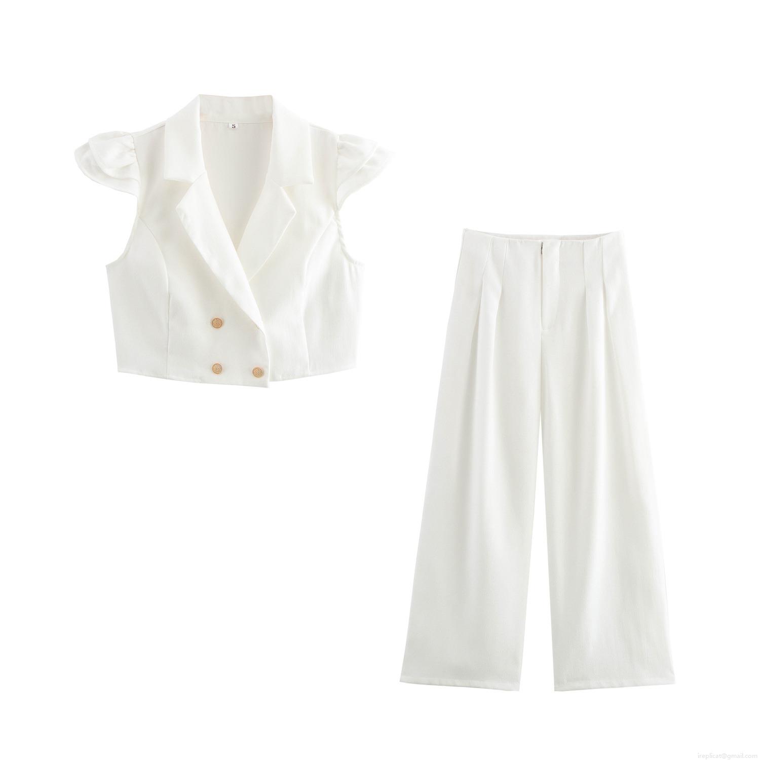 Women's Elegant Two Piece Set Ruffle Butterfly Sleeve Short Vest Top And High Waist Wide Leg Pants Set Solid Color Office Lady Commuter Outfits Women's Elegant Two Piece Set Ruffle Butterfly Sleeve Short Vest Top And High Waist Wide Leg Pants Set Solid Color Office Lady Commuter Outfits