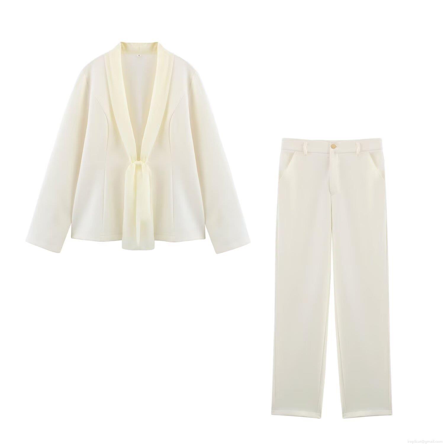Women\'s 2 Piece Elegant Office Blazer Set With Chiffon Tie Neck Long Sleeve Blazer And Straight Leg Suit Pants Solid Color Business Professional Outfit For Women