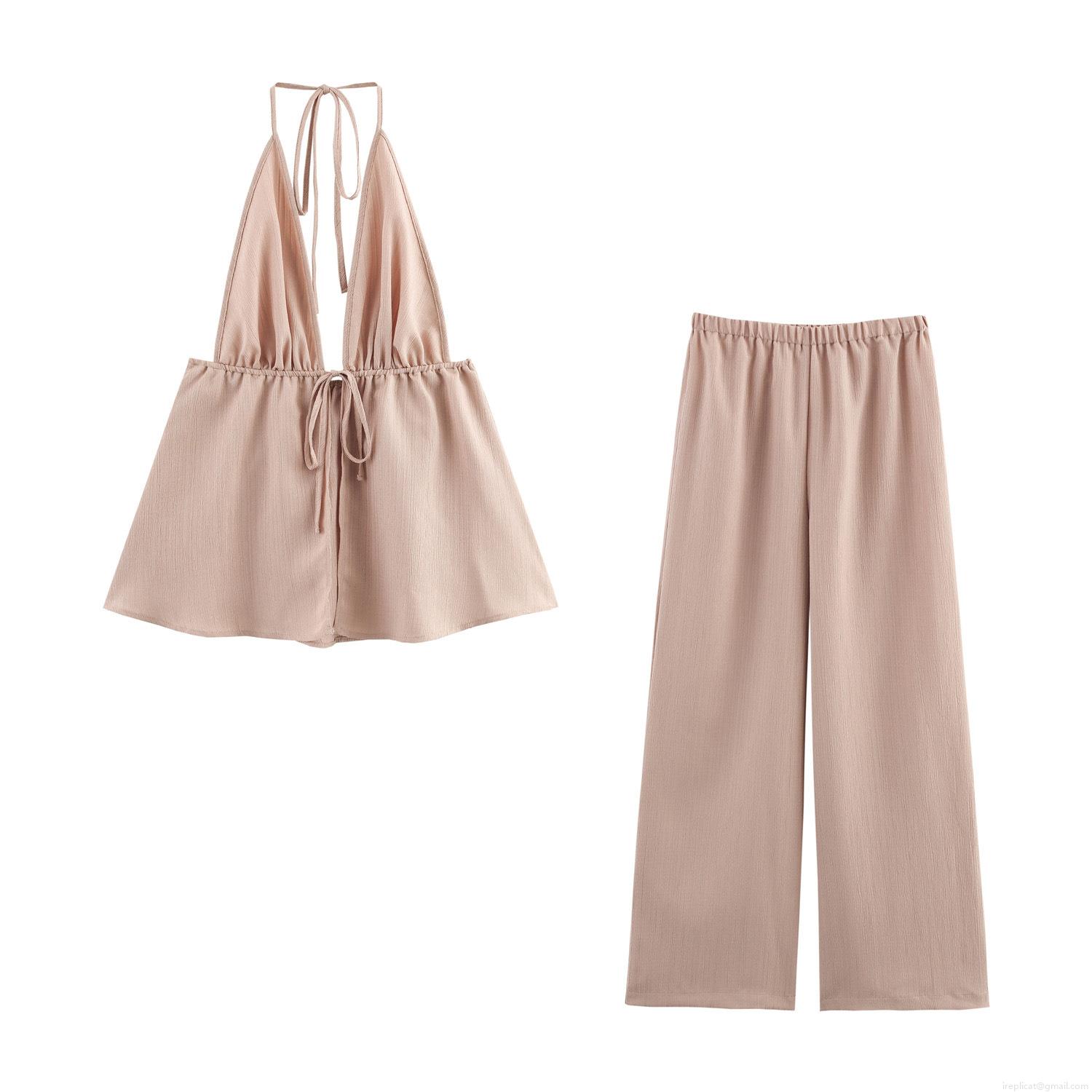 Women's Sexy Vacation Style Two-Piece Set Textured Halter Neck Backless Top and Loose Wide Leg Pants Summer Casual Outfits Women's Sexy Vacation Style Two-Piece Set Textured Halter Neck Backless Top and Loose Wide Leg Pants Summer Casual Outfits