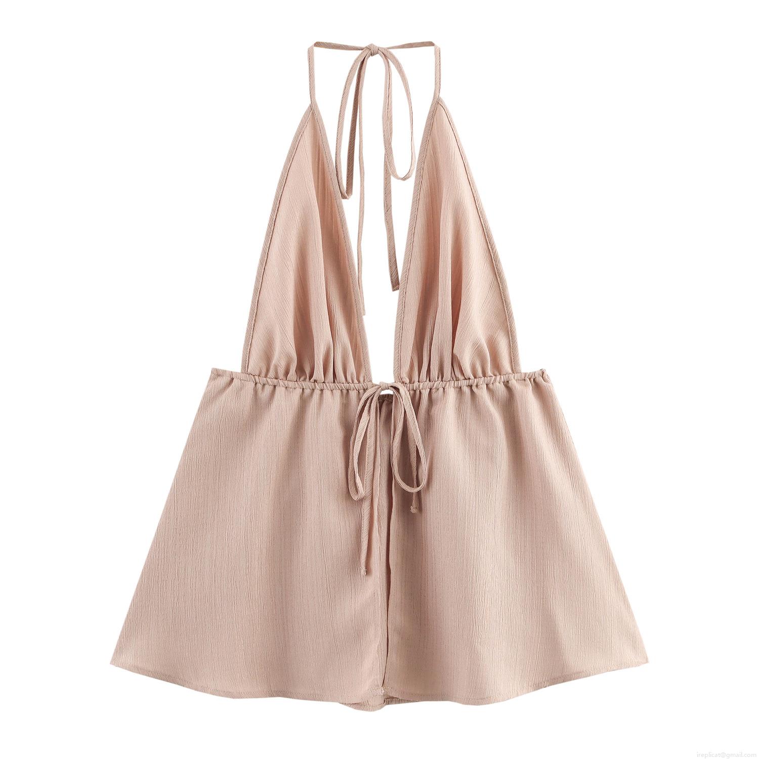 Women\'s Sexy Vacation Style Two-Piece Set Textured Halter Neck Backless Top and Loose Wide Leg Pants Summer Casual Outfits