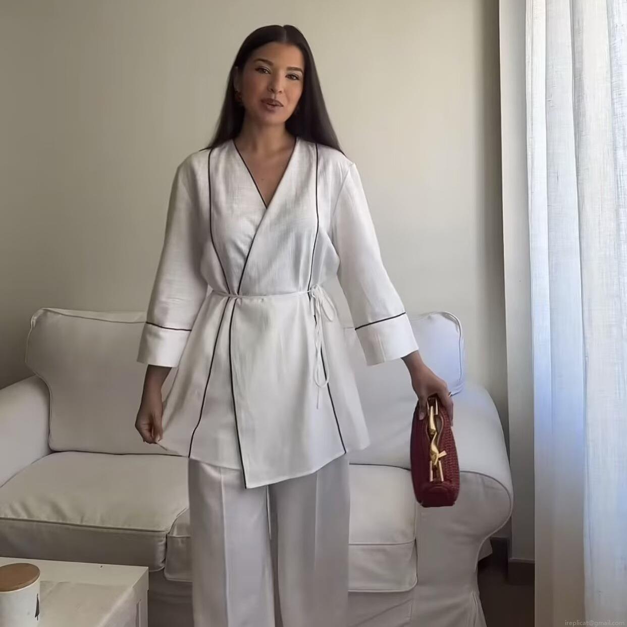 Women's 2 Piece Elegant Pant Set 100% Cotton Contrast Piping Long Sleeve V Neck Tied Top and Wide Leg Trousers Casual Loungewear Outfit Women's 2 Piece Elegant Pant Set 100% Cotton Contrast Piping Long Sleeve V Neck Tied Top and Wide Leg Trousers Casual Loungewear Outfit