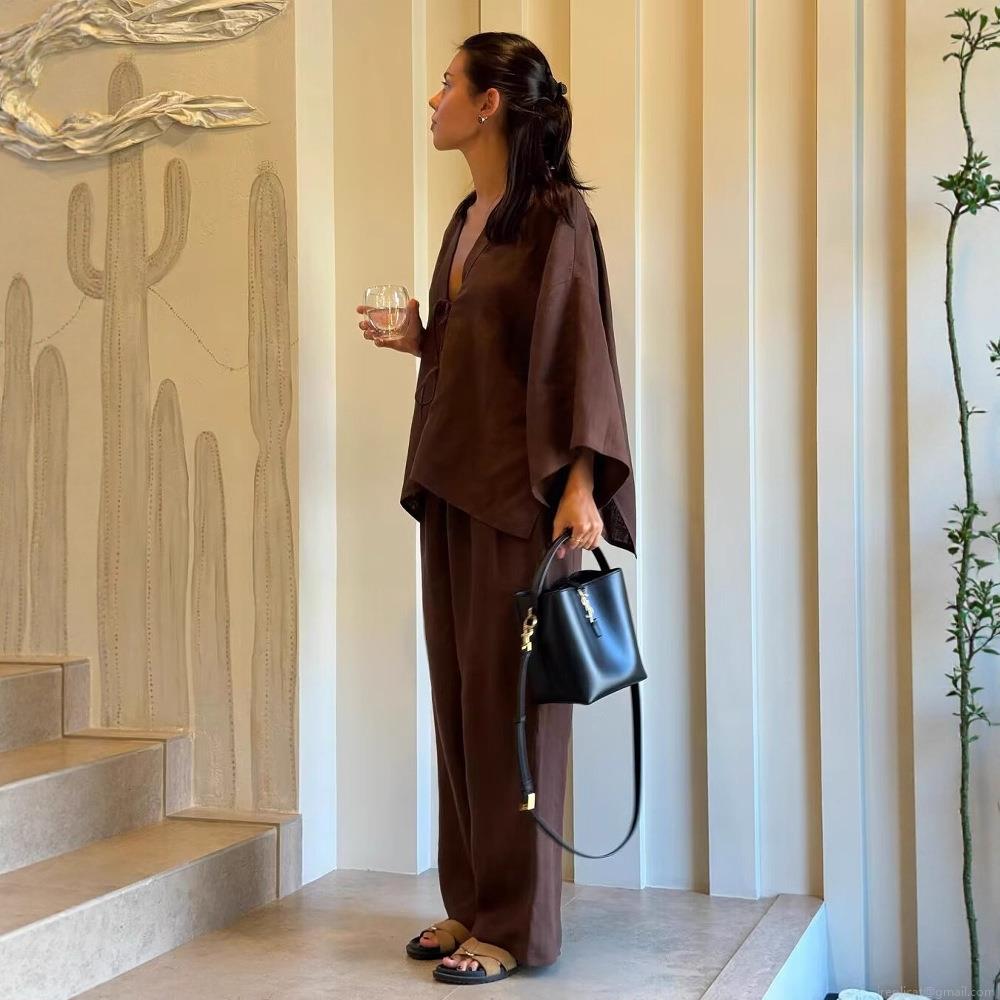 Women's Casual 2 Piece Set V-Neck Lace-Up Long Sleeve Loose Top and Wide Leg Pants Polyester Linen-Like Texture Comfortable Vacation Outfits for Women Women's Casual 2 Piece Set V-Neck Lace-Up Long Sleeve Loose Top and Wide Leg Pants Polyester Linen-Like Texture Comfortable Vacation Outfits for Women
