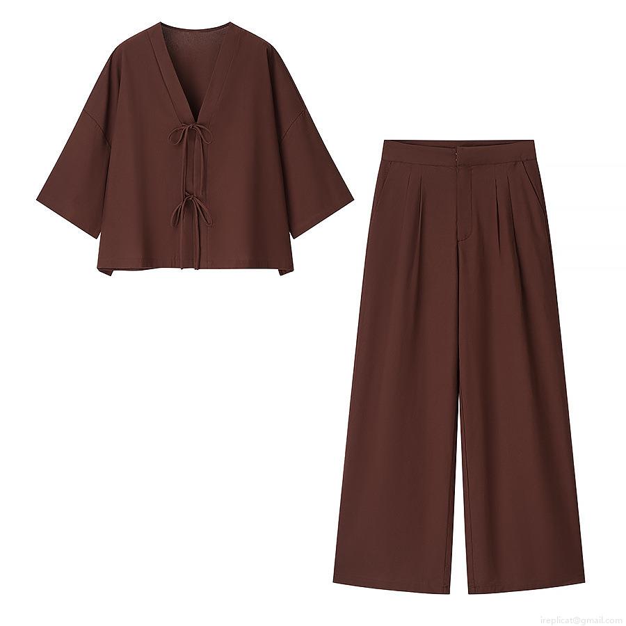 Women\'s Casual 2 Piece Set V-Neck Lace-Up Long Sleeve Loose Top and Wide Leg Pants Polyester Linen-Like Texture Comfortable Vacation Outfits for Women