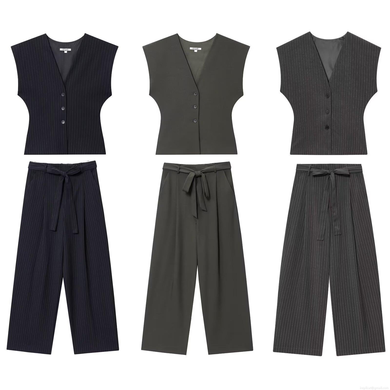 Women\'s V Neck Sleeveless Vest And Wide Leg Pants Two Piece Set Striped Solid Commuter Professional Office Lady Suit With Belt