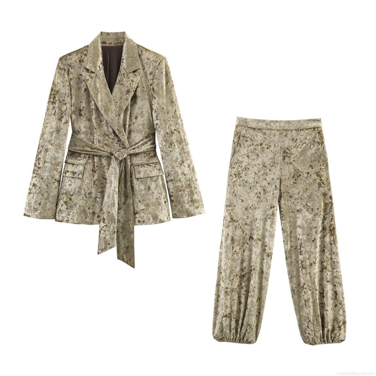 Women's Velvet Suit Set 2 Piece Outfits Silver Floral Print Tie Waist Blazer Jacket And Lantern Pants High Waist Trousers Streetwear Party Suits Women's Velvet Suit Set 2 Piece Outfits Silver Floral Print Tie Waist Blazer Jacket And Lantern Pants High Waist Trousers Streetwear Party Suits