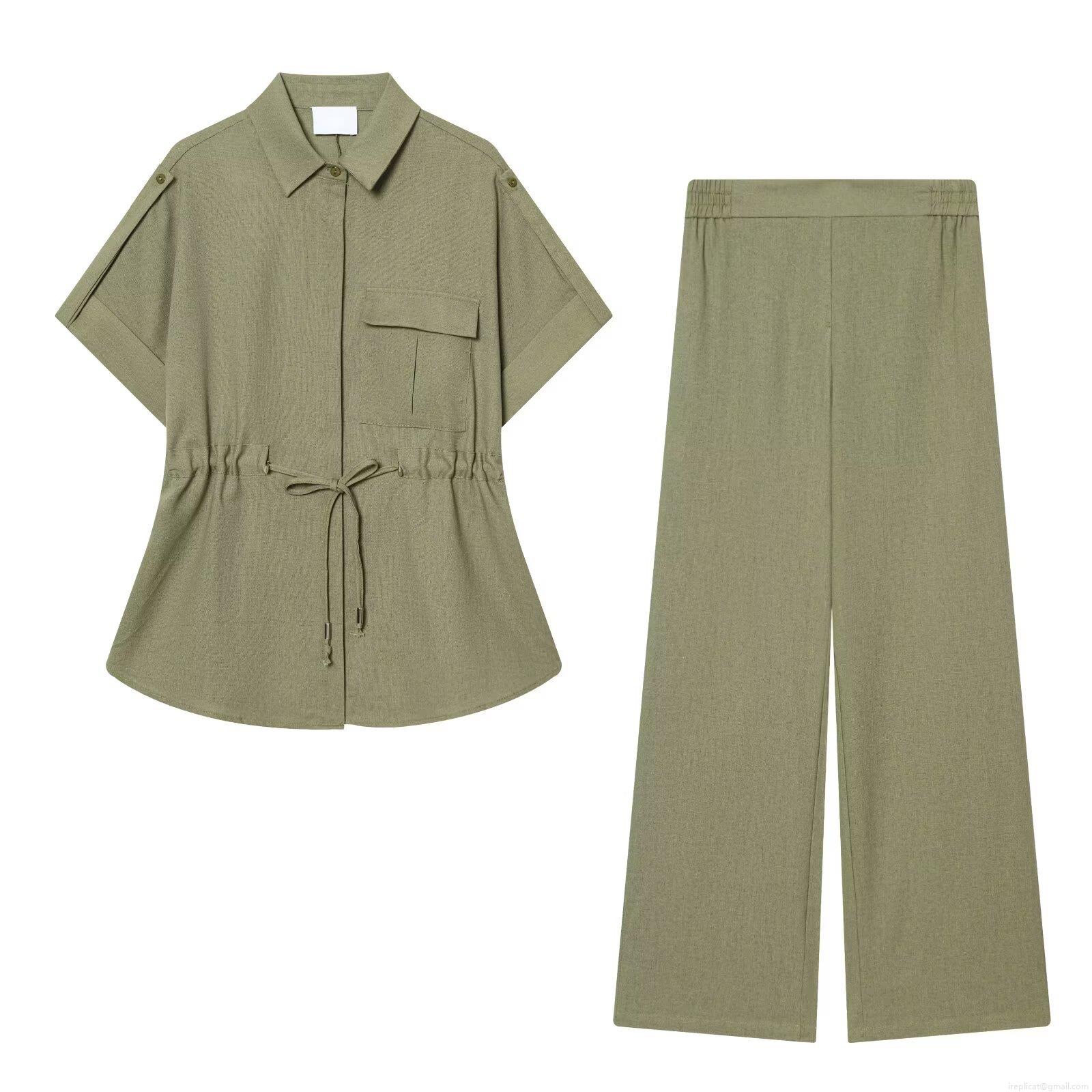 Women's 2-Piece Set Solid Color Lapel Short Sleeve Drawstring Shirt And Elastic High Waist Wide Leg Pants Casual Summer Streetwear Outfit Women's 2-Piece Set Solid Color Lapel Short Sleeve Drawstring Shirt And Elastic High Waist Wide Leg Pants Casual Summer Streetwear Outfit