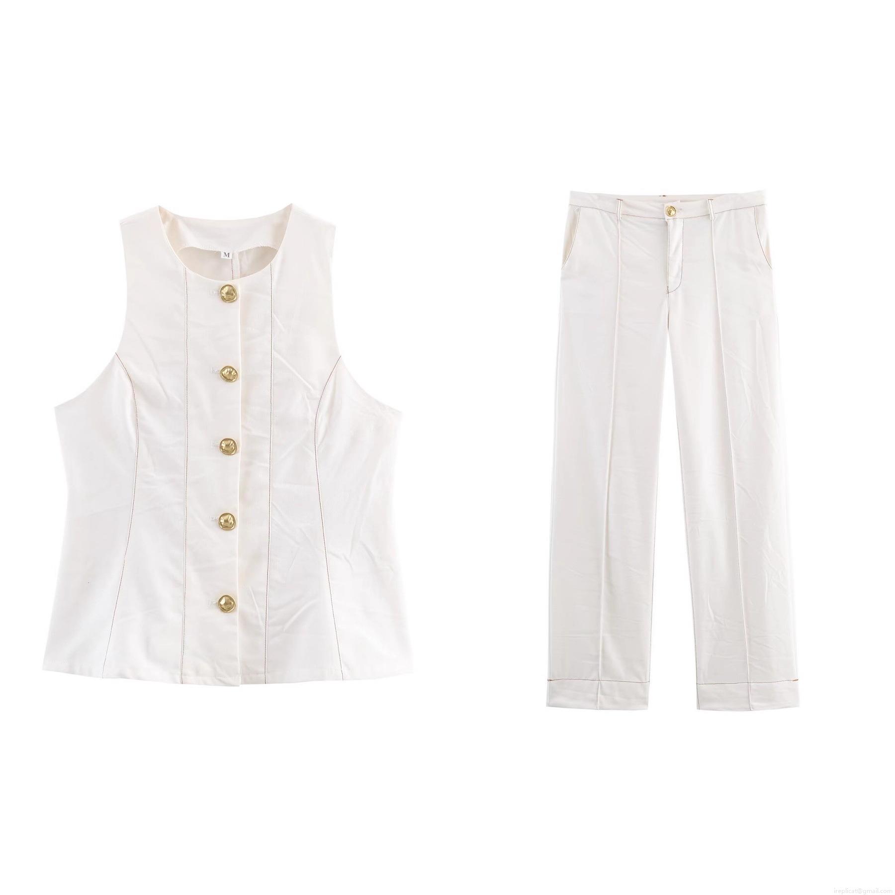 Women's Casual 2-Piece Pant Set Sleeveless Vest Top And Straight Leg Pants Outfit Polyester Woven Fabric With Gold Buttons For Work Office Streetwear Lady Women's Casual 2-Piece Pant Set Sleeveless Vest Top And Straight Leg Pants Outfit Polyester Woven Fabric With Gold Buttons For Work Office Streetwear Lady
