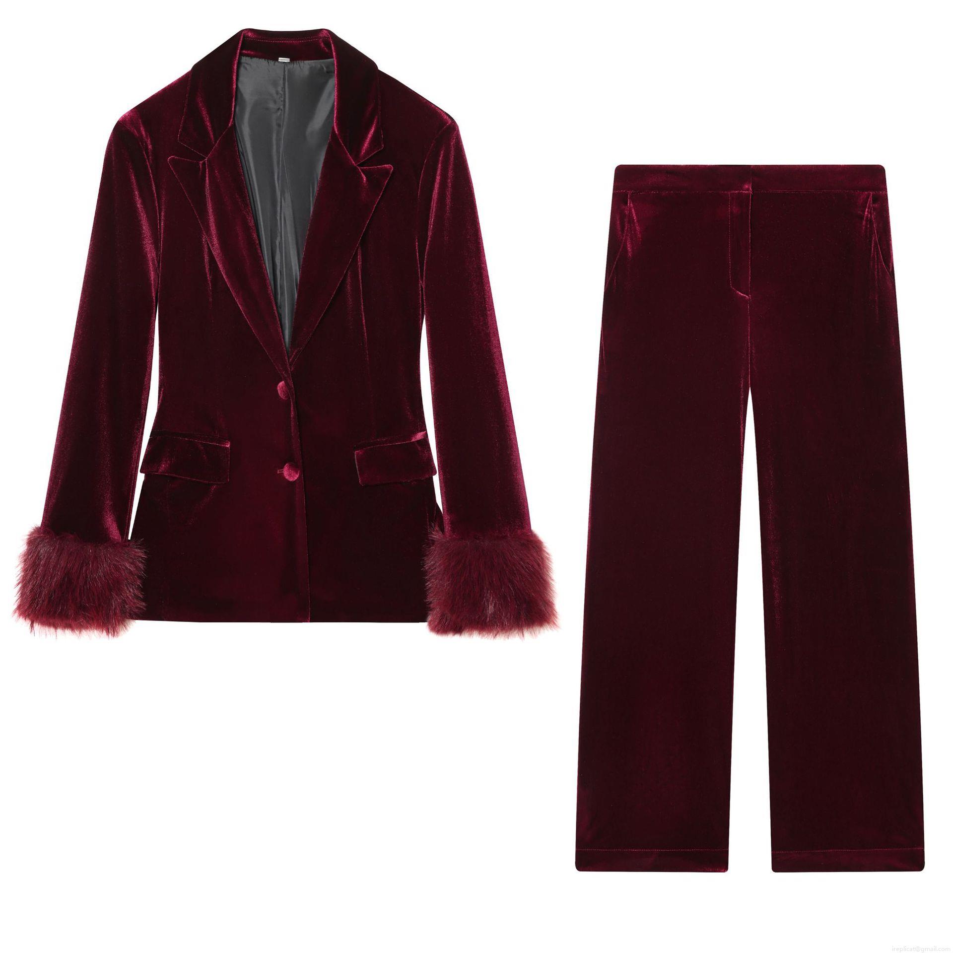 Elegant Wine Red Velvet Blazer Pants Two Piece Set For Women Vintage Luxury Velvet Suit With Feather Trim Cuffs Evening Party Outfit Elegant Wine Red Velvet Blazer Pants Two Piece Set For Women Vintage Luxury Velvet Suit With Feather Trim Cuffs Evening Party Outfit