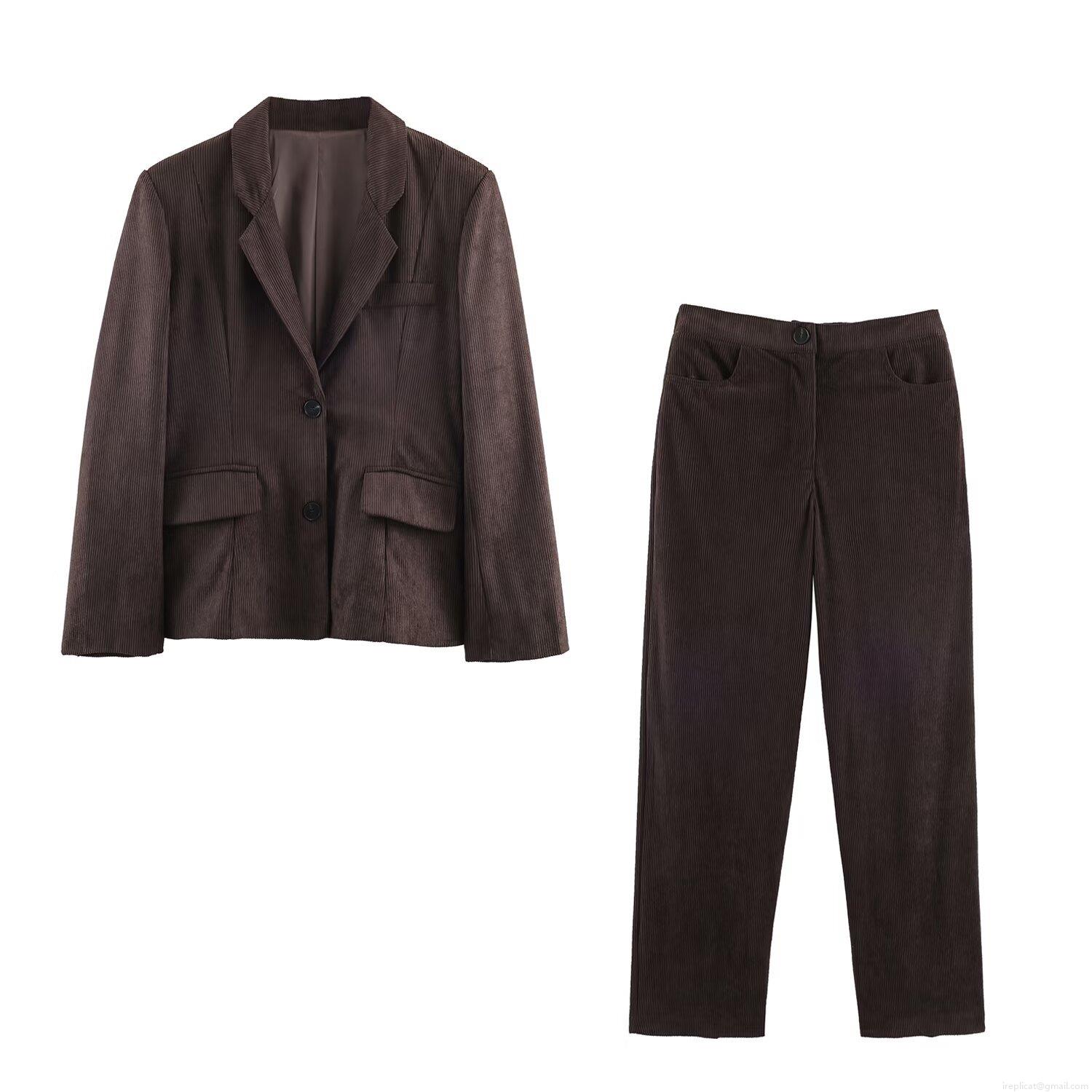 Women's Vintage Corduroy Suit Set Single Breasted Blazer And Straight Leg Pants 2 Piece Outfits For Work Office Casual Wear Autumn Winter Women's Vintage Corduroy Suit Set Single Breasted Blazer And Straight Leg Pants 2 Piece Outfits For Work Office Casual Wear Autumn Winter