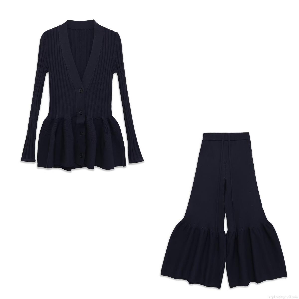 Women's 2-Piece Knitted Co-ord Set V-Neck Button Peplum Hem Long Sleeve Cardigan Top and Flare Leggings Pants Navy Blue Ribbed Knit Outfits For Daily Streetwear Women's 2-Piece Knitted Co-ord Set V-Neck Button Peplum Hem Long Sleeve Cardigan Top and Flare Leggings Pants Navy Blue Ribbed Knit Outfits For Daily Streetwear