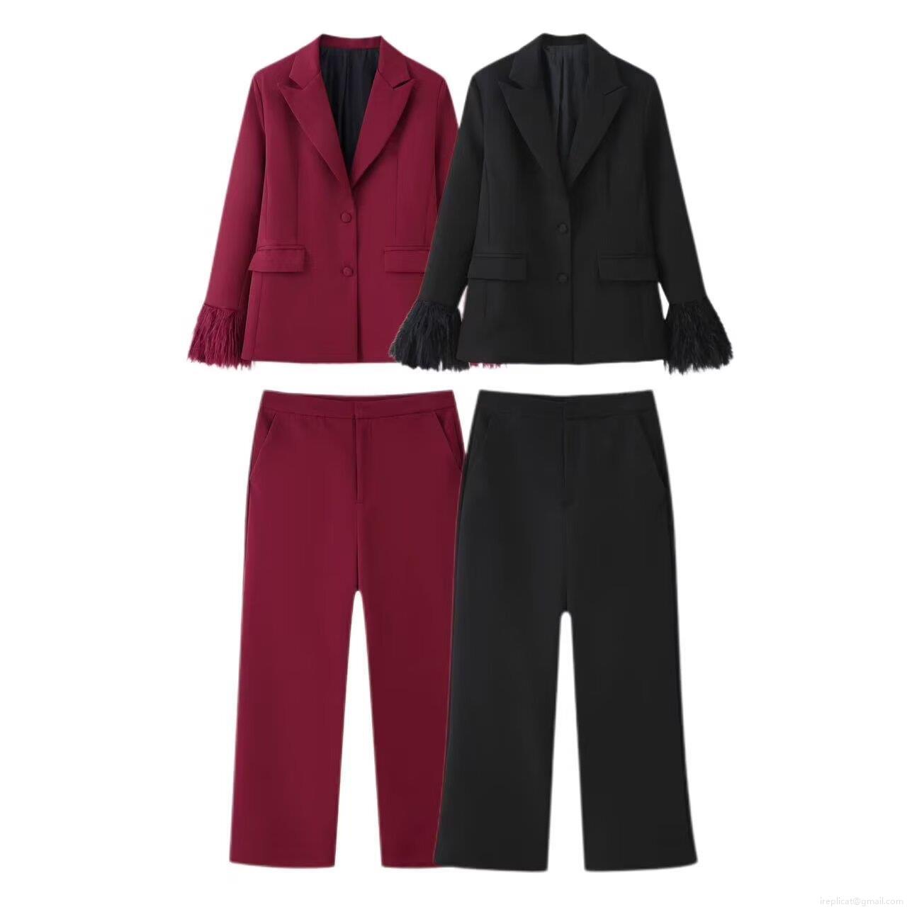 Women's Two Piece Suit Set Elegant Feather Trim Blazer Notched Lapel Single Breasted Jacket With High Waist Wide Leg Long Pants Solid Color Streetwear Office Party Outfits Women's Two Piece Suit Set Elegant Feather Trim Blazer Notched Lapel Single Breasted Jacket With High Waist Wide Leg Long Pants Solid Color Streetwear Office Party Outfits